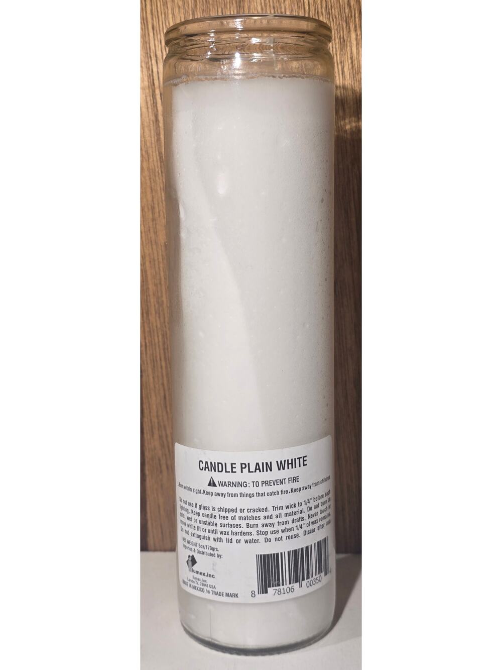 White Glass Prayer Candle 8" Tall Unscented  Lumex Religious Candle